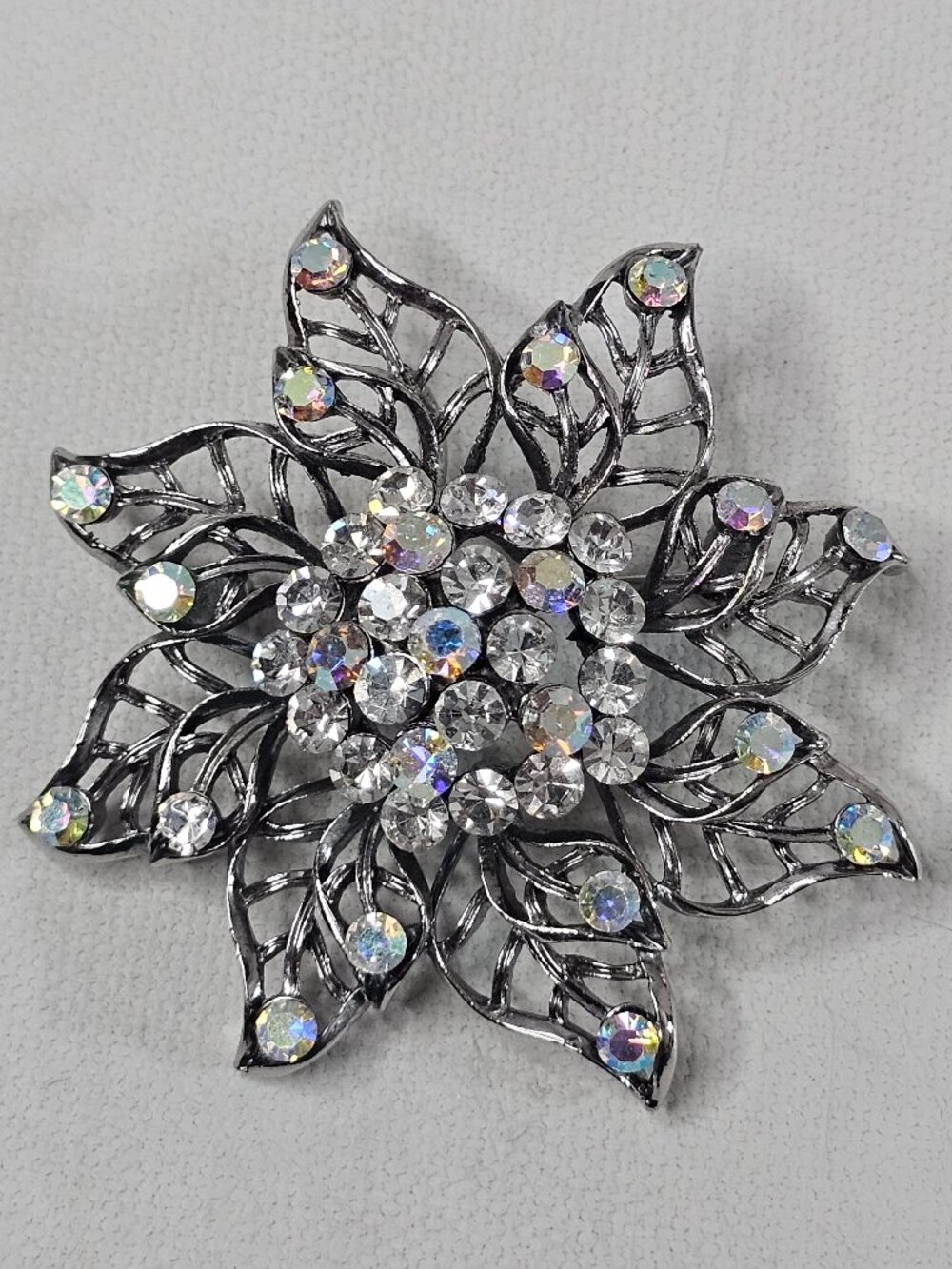 Floral Silver Tone Brooch AB Aurora Borealis Clear Rhinestone Unmarked FlowerPin